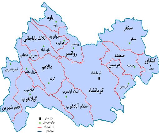 نقشه شهرستان های کرمانشاه